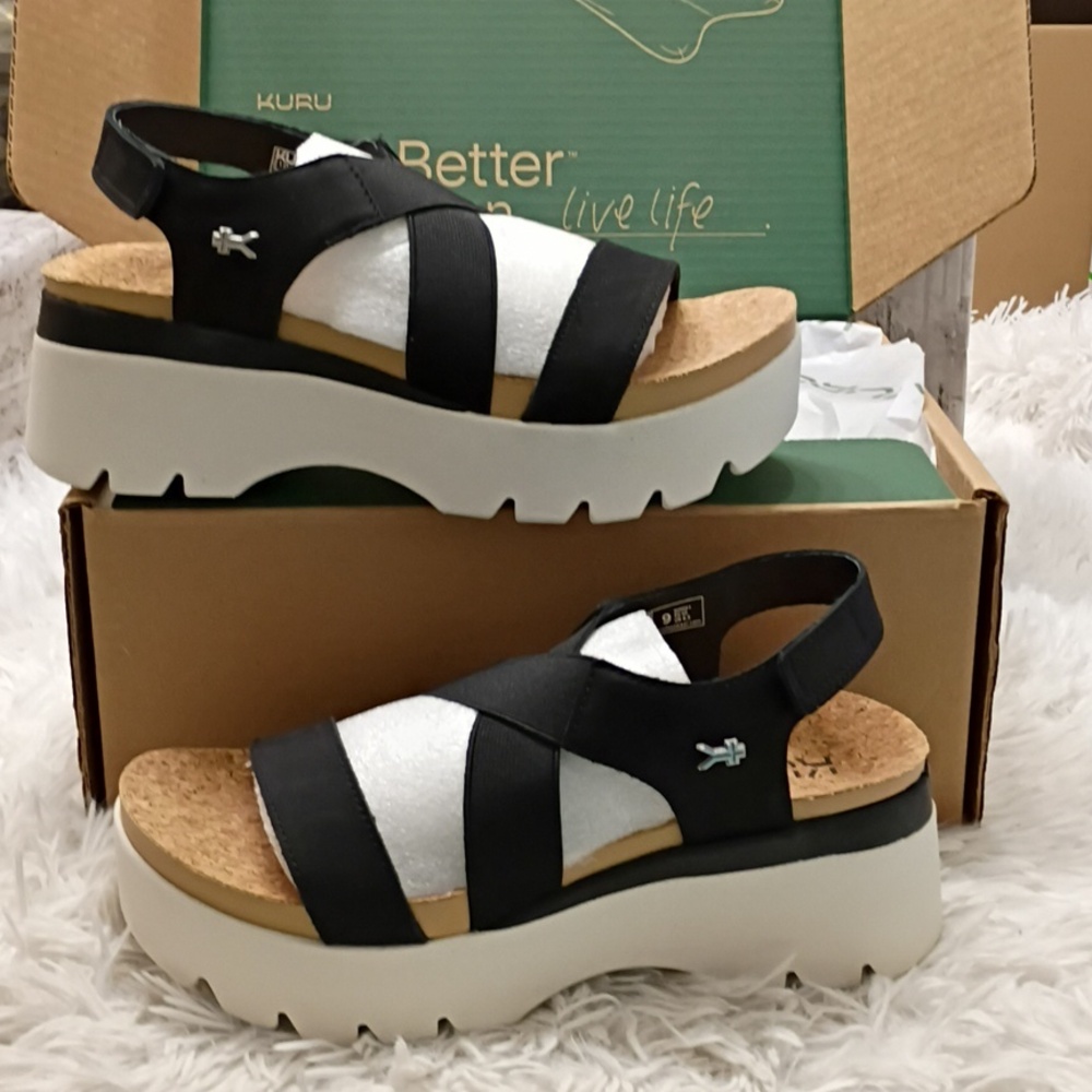 KURU Loma Women's Black Platform Sandals Leather Elastic Straps Plantar Fascitis